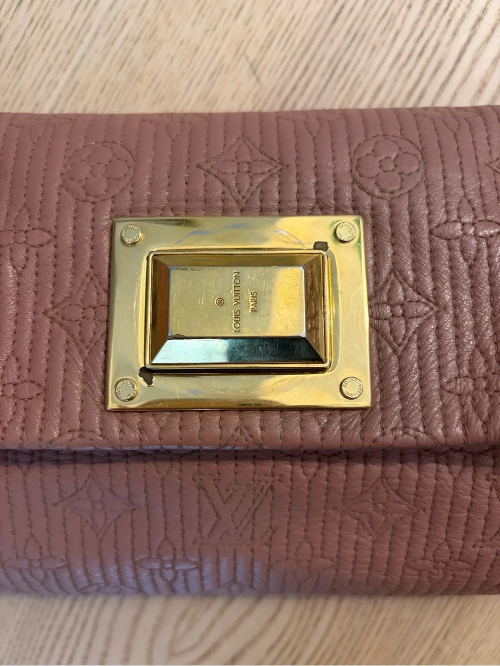 Louis Vuitton Mauve Taupe Leather Monogram Clutch with Gold Mirror